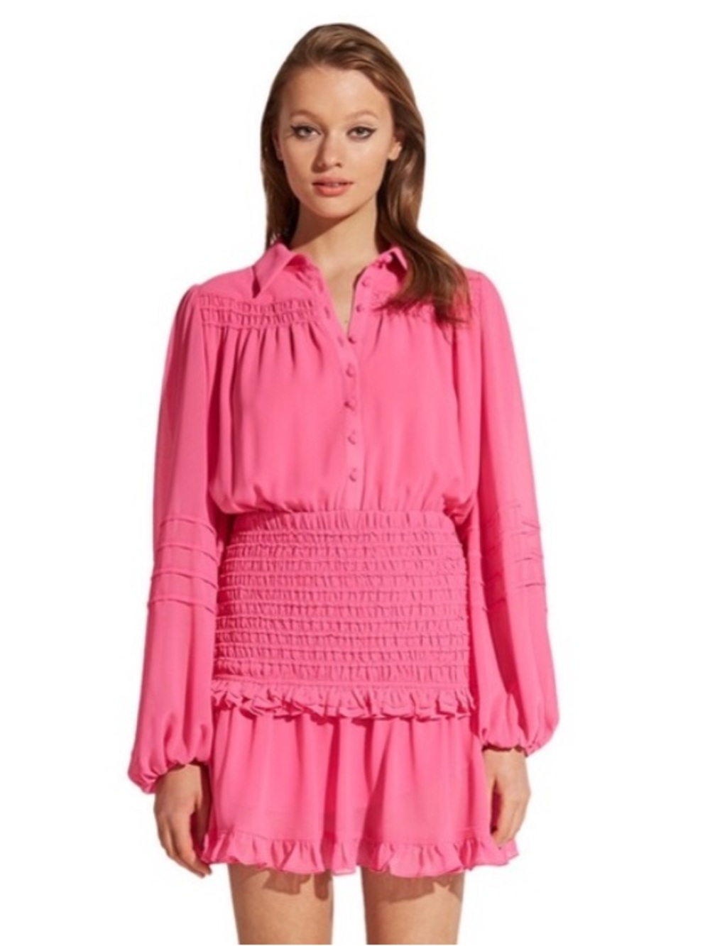 Bardot Hot Pink Smocked Waist Long-Sleeve Mini Dress